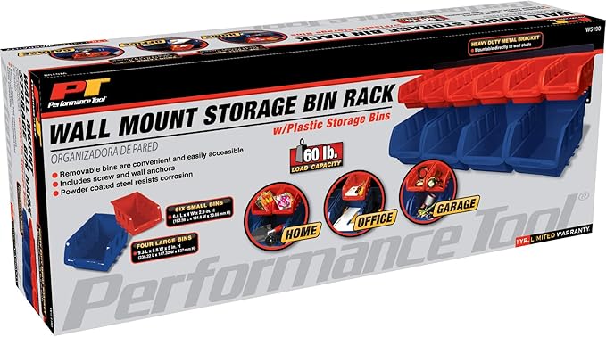 Performance Tool W5190 10-Bin Wall Mount Storage Rack, Blue