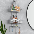 Kadolina Shower Caddy Hanging, Bathroom Shower Rack, Bathroom Organizer with Soap Dish, Over The Showerhead Caddy with Hooks for Razor/Sponge, Bright Silver (Assembly Required)