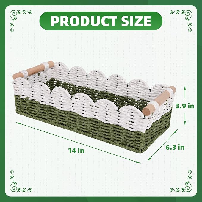 Scalloped Edge Toilet Paper Storage Basket for Bathroom Decor,Handwoven Small Paper Rope Tank Basket for Over Toilet Storage Shelf, End Table,Shelves and More, with 2 Wooden Handle