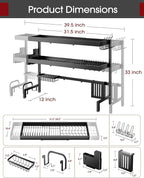 Over The Sink Dish Drying Rack, Expandable 3-Tier Stainless Steel Kitchen Storage Organization Accessories for Countertop, Rustproof & Space-Saving, 31.5"–39.5" L x 12" W x 33" H, Black