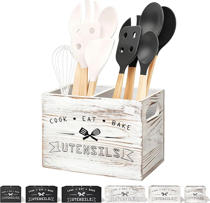 Retro White Wood Kitchen Utensil Holder - Small, Durable & Ideal for Kitchen Counter Decor （Retro White 2 Compartment）