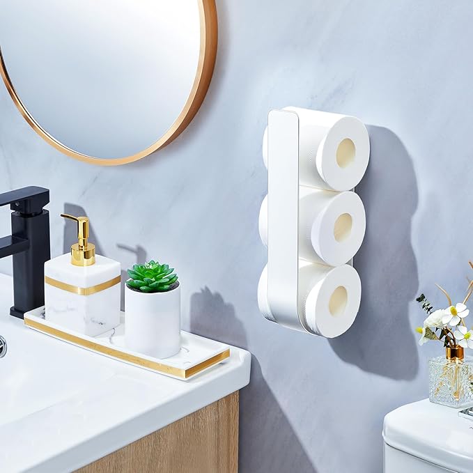 Toilet Paper Storage Wall Mount, Over The Tank Extra Toilet Paper Holder for 3 Rolls Tissue, Metal Tissue Roll Storage Stand for Bathroom, RV Adhesive Loo Roll Holder (White)