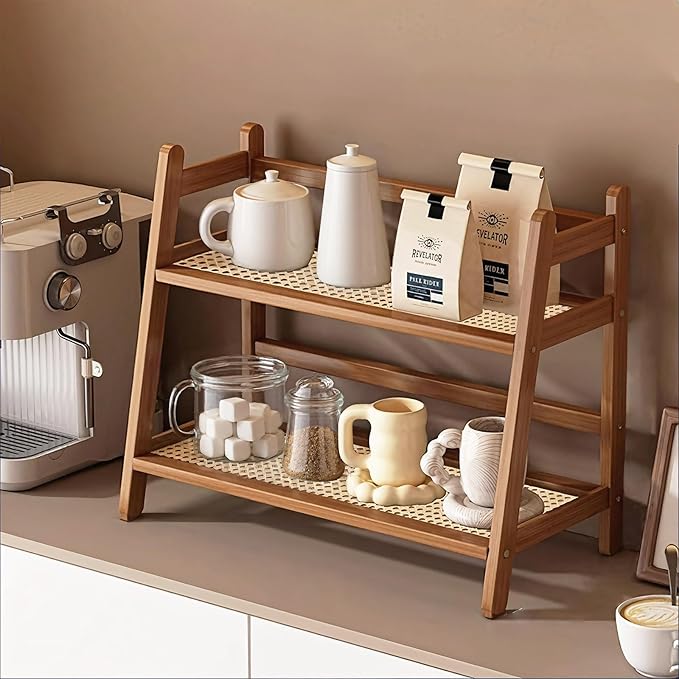 Coffee Station Organizer, Bamboo Mug Holder Countertop, Kitchen Counter Shelf for Tea Coffee Bar Accessories, Matcha Stand, Cup Display, Condiment Storage Rack, 2 Tier, Brown