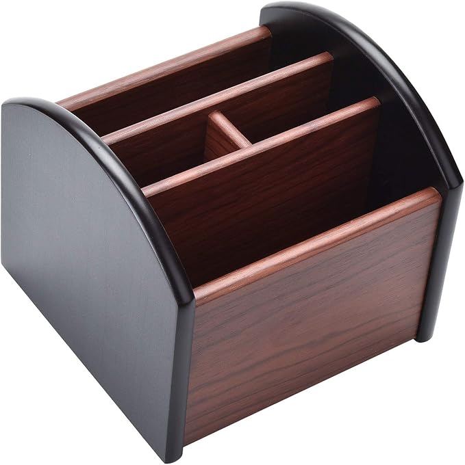 Wooden Desk Organizer, 4 Compartment Revolving Wood Desktop Organizer Office Supplies Rotating Remote Control Caddy Holder (Desk Organizer-4)