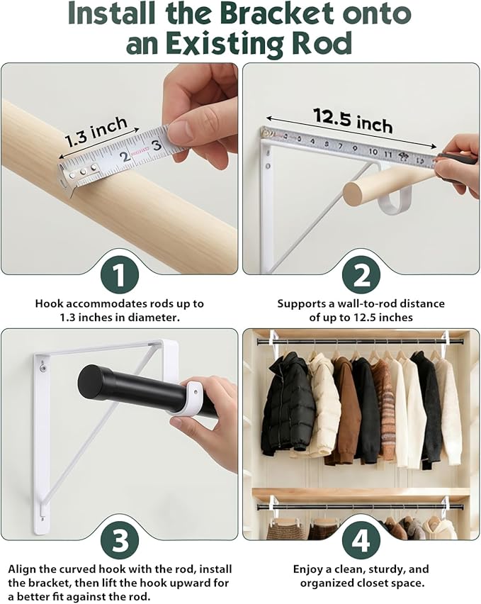 2 Pack Closet Rod Bracket, Heavy Duty Closet Rod Support with Rod Holder, Wall Mounted Closet Shelf Brackets with Triangle Stabilizing Design for Closet, Bathroom and Kitchen, White