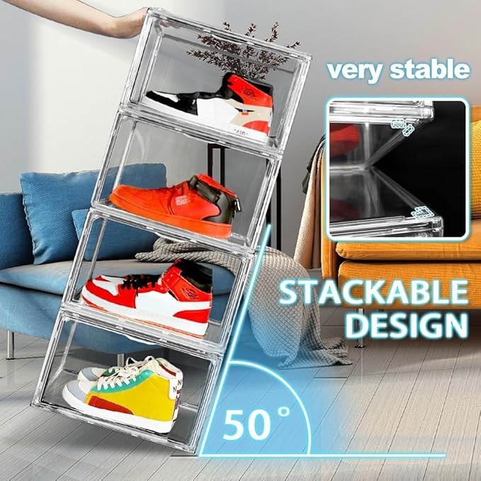 10 Pcs Clear Shoe Storage Boxes Stackable Acrylic Sneaker Shoe Display Case Size 14, Transparent Storage Bins for Boot Handbag Organizer Containers with Magnetic Lids