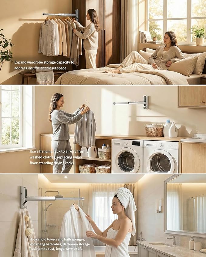 Wall Mounted Drying Rack 13" Foldable Clothes Hanger Silver Pull-Out Clothes Drying Rod for Laundry, Closets, Rntryway (2, 13" Silver)