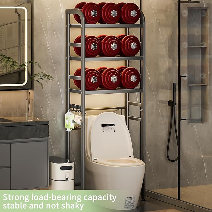 Over The Toilet Storage, Enhanced Oval Tube Bathroom Shelf Organizer, Freestanding Toilet Storage Cabinet with Suction Cups for Fastening, 3-Tires Over The Toilet Rack (Grey)
