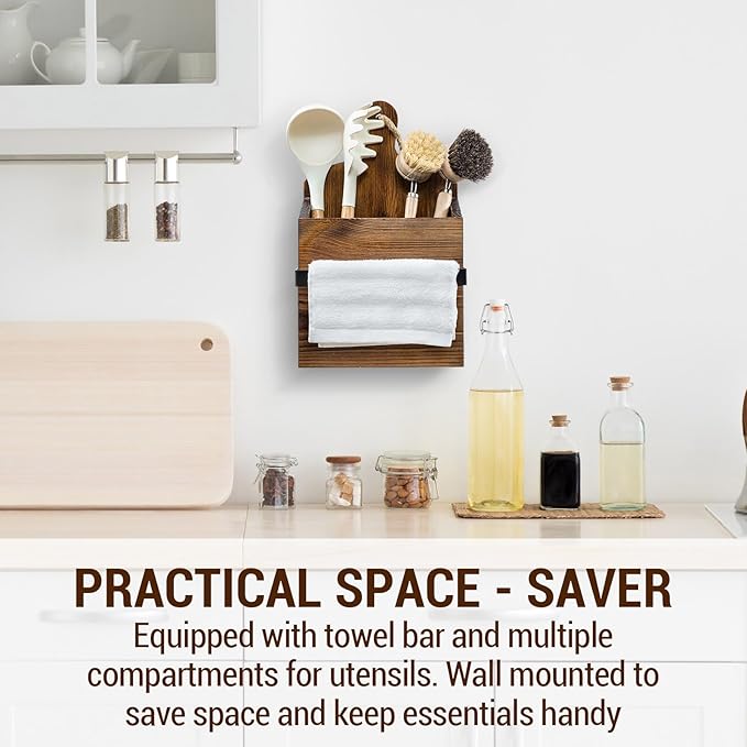 MyGift Rustic Wall Mounted Solid Wood Utensil Holder with Towel Bar – Cutting Board Style Kitchen Organizer Rack for Cooking Tools, Hanging Storage, and Dish Towels