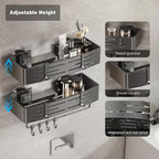 Voldra Shower Caddy Suction Cup, 3 Pack Shower Shelves for Inside Shower No Drilling, Aluminum Suction Showers Organizer with Towel Bar & Hooks Removable Bathroom Shelf Storage Rack(Gray)
