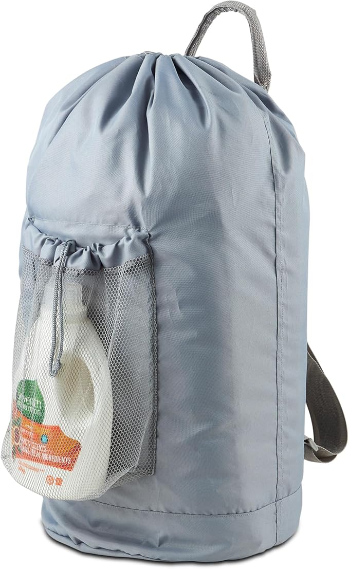 Seiritex Backpack Laundry Bag, Large Laundry Backpack with Detergent Holder and Adjustable Shoulder Straps for College Travel Dorm Room (Gray)