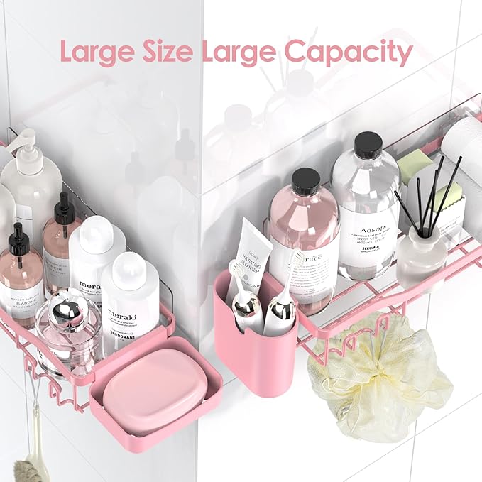 Shower Caddy Adhesive Shower Organizer 7-Pack, Rustproof Stainless Steel Bathroom Shelves, Large Capacity No-Drill Rack Storage Accessories with Soap Dish Toothbrush Holder Hooks
