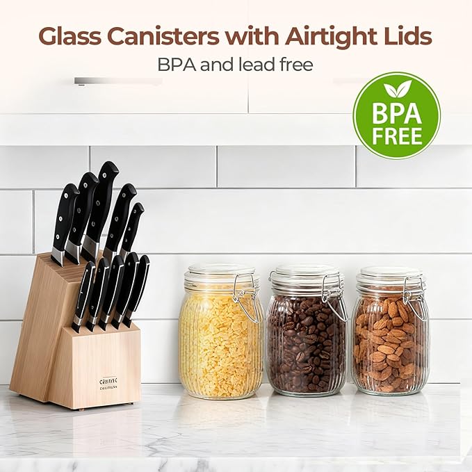 ComSaf 34oz Ribbed Glass Jars with Airtight Latch Lids - Set of 3 Farmhouse Vintage Canisters for Coffee, Sourdough Starter, Dry Goods & Fermenting, Pantry Organization & Kitchen Decor