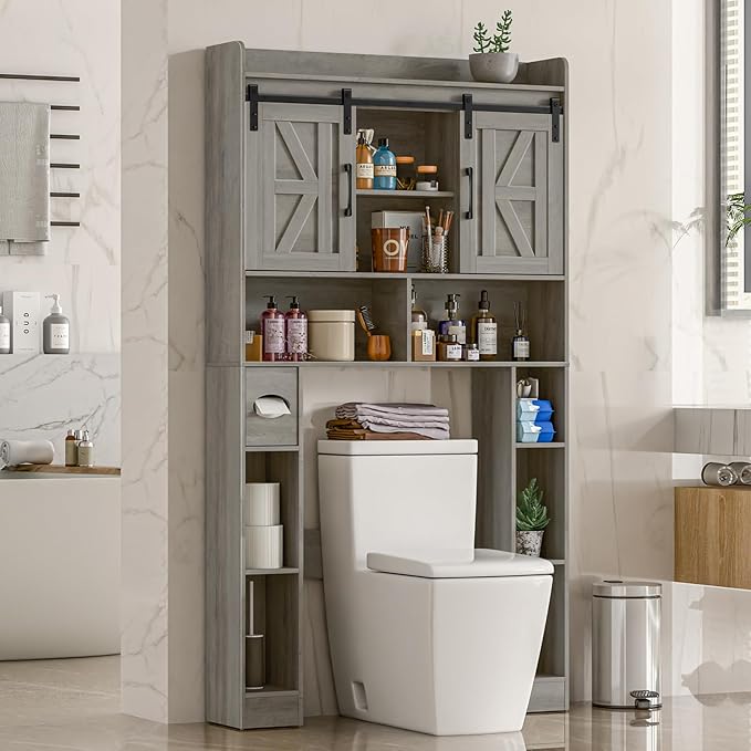 Vabches Farmhouse Storage Cabinet Over Toilet with Sliding Doors，Over The Toilet Storage Cabinet, Home Space-Saving Toilet Rack, for Bathroom, Restroom, Laundry