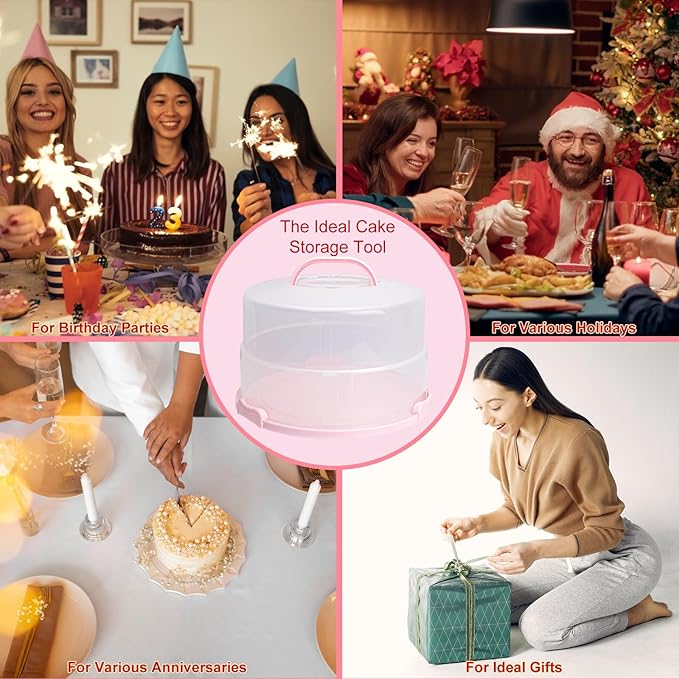 Bundt Cake Carrier, 13.5"Pink Cake Carrier with Lid Handle Turntable and Cupcake Holder, Portable Cake Transport Container, Perfect Gifts for Transporting Cakes, Pies, Cupcakes, Nuts, Fruits
