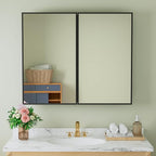 Buruis 36" x 30" Framed Medicine Cabinet with Mirror, Recessed or Wall Mounted Bathroom Cabinet, Adjustable Tempered Glass Shelves, Left/Right Open Reversible, No Assembly Required, Black