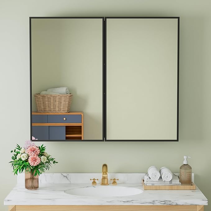 Buruis 36" x 30" Framed Medicine Cabinet with Mirror, Recessed or Wall Mounted Bathroom Cabinet, Adjustable Tempered Glass Shelves, Left/Right Open Reversible, No Assembly Required, Black