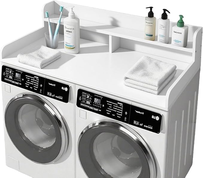 2-Tier Washer Dryer Countertop with 2.8" H Edge Rails, 54" W x 27.5" D Wood Laundry Table for Folding Clothes, Top of Washer and Dryer Organizer Shelf, White