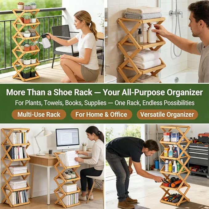 The 9-Tier No-Assembly Bamboo Rack, Foldable Stackable 9 Tier Bamboo Shoe Rack Vertical Storage Sturdy & Stable, Tall Narrow Space-Saving Expandable Shoe Rack for Entryway Closet Dorm (Brown,3 Tiers)