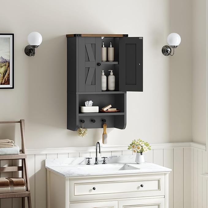 Bathroom Wall Cabinet, Farmhouse Medicine Cabinet with Adjustable Shelf, 3-Tier Wall-Mounted Storage Cabinet with 3 Hooks and Open Shelf, for Bathroom, Living Room, Kitchen, Black and Walnut