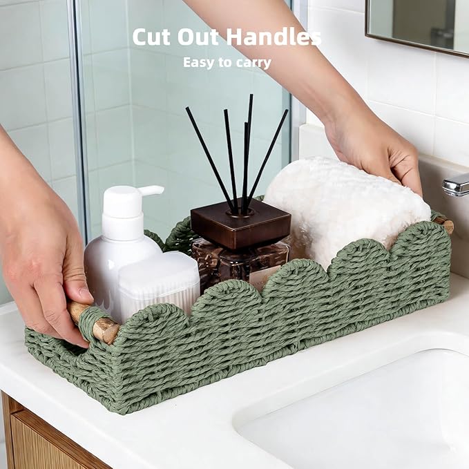 CubesLand Bathroom Basket Organizer w/Cut Out Handle, Back of Toilet Paper Storage Baskets Tray for Bathroom Countertop Decorative, Scalloped Wicker Basket Also for Home Decor, Living Room, Green