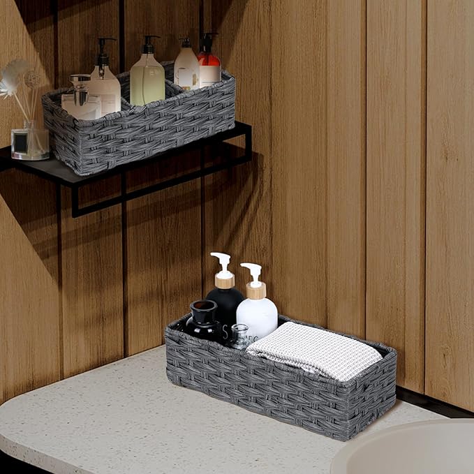 DULLEMELO Toilet Paper Basket for Organizing, Small Bathroom Baskets for Storage, Waterproof Basket for Back of Toilet, Grey, 2 Pack