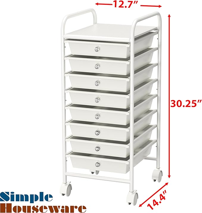 Simple Houseware Utility Cart with 8 Drawers Rolling Storage Art Craft Organizer, White