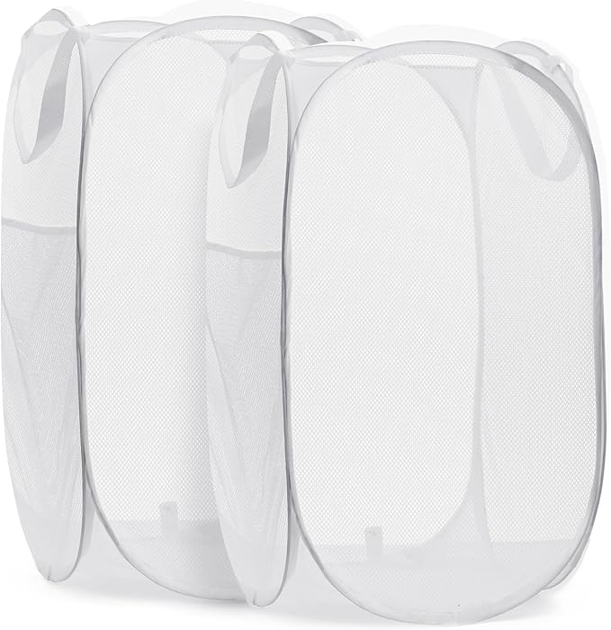 Handy Laundry Collapsible Mesh Pop Up Laundry Hamper 2-Pack, Wide Opening, Side Pocket, Space-Saving Foldable Basket for Clothes, Travel, Dorm, Kids Room, Breathable & Durable (White)