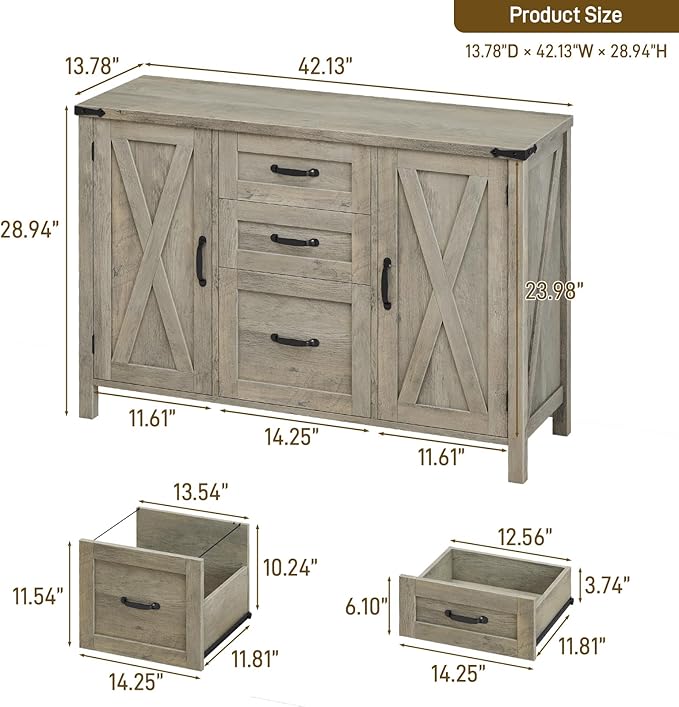 3 Drawer File Cabinet, Farmhouse Lateral Filing Cabinet with Doors Fits Files Letter or A4 Size, Wooden Printer Stand with Open Storage Adjustable Shelf for Home Office, Rustic Grey