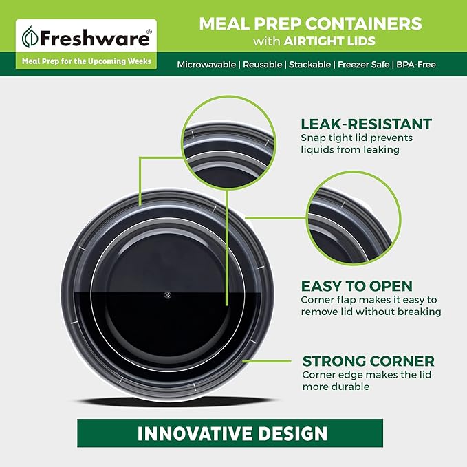 Freshware Meal Prep Containers with lids [150 Pack] Food Storage Containers, Bento Box, BPA-Free, Stackable, Microwave, Dishwasher, Freezer Safe, 32 Oz, Black