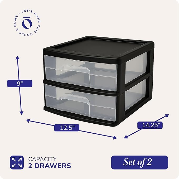 HOMZ 2-Pack 2-Drawer Storage Cart, Clear Plastic Drawers, 14.25" Wide Medium, Black Frame - Organizing Drawer Containers for Home, Bathroom, Bedroom, Office, and Classroom