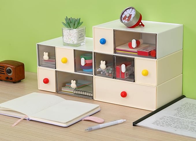 Desktop Storage Drawers, Plastic Desk Organizer with 6 Drawers, Modular Stackable Toolbox Units for Office Stationary, Makeup Container, Bathroom Countertop (3 Tiers, Cream)