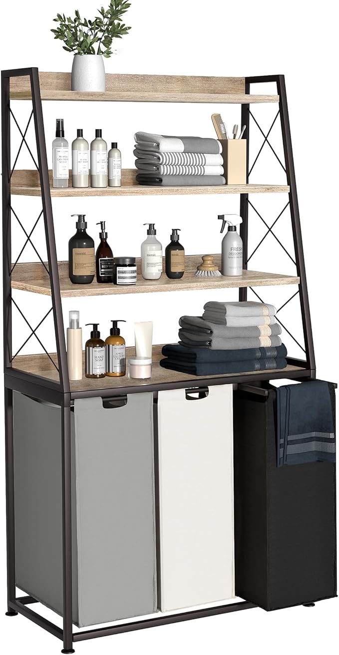 Laundry Basket, 3 Section Laundry Hamper with 4 Tiers Shelf, Pull-Out and Removable Laundry Bags, Large 3 x 15.87 Gallons, for Laundry Room Bathroom Greige PF05XLZ