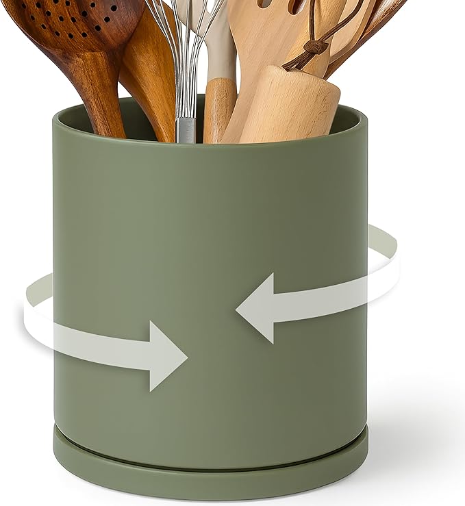 D'vine Dev 360° Rotating Utensil Holder – 7.2" Kitchen Utensil Crock for Countertop, Modern Cooking Tool Organizer for Kitchen Storage & Décor, Olive, 72-X-C-2