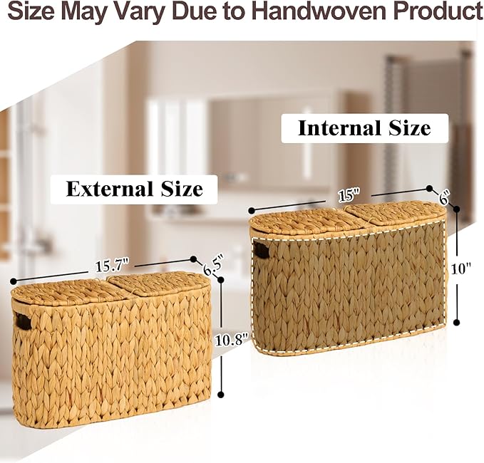 FairyHaus Wicker Toilet Paper Storage Basket with Lid & Handles, 6 Rolls Handwoven Toilet Paper Holder with Storage, Natural Water Hyacinth Toilet Paper Holder Stand Basket for Bathroom