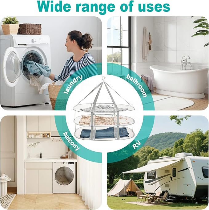 3-Tier Folding Mesh Clothes Drying Rack, Hanging Sweater Dryer for Laundry, Large Foldable Flat Dry Hanger, Portable Mesh Clothes Drying Net for Delicate Garments