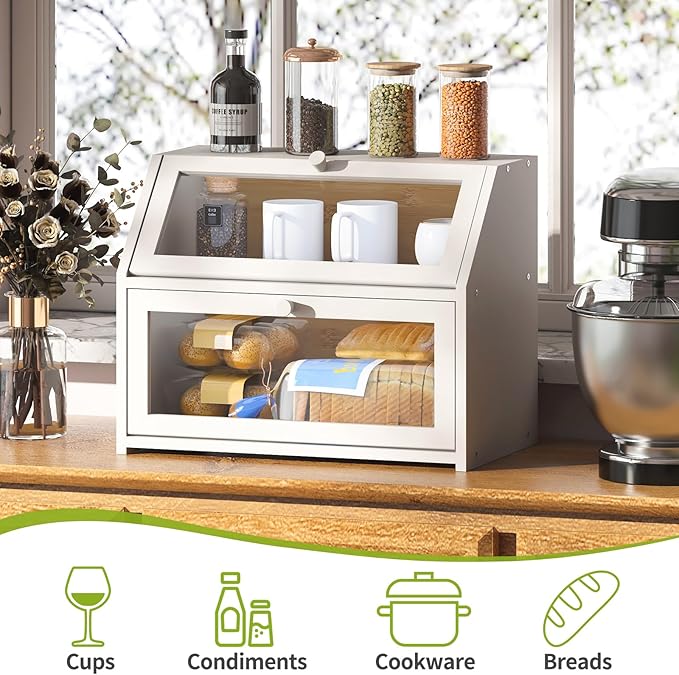 BMOSU Farmhouse Bread Box for Kitchen Countertop Bread box Double Layer Bamboo Wooden Extra Large Capacity Bin Kitchen Food Storage Container(White)