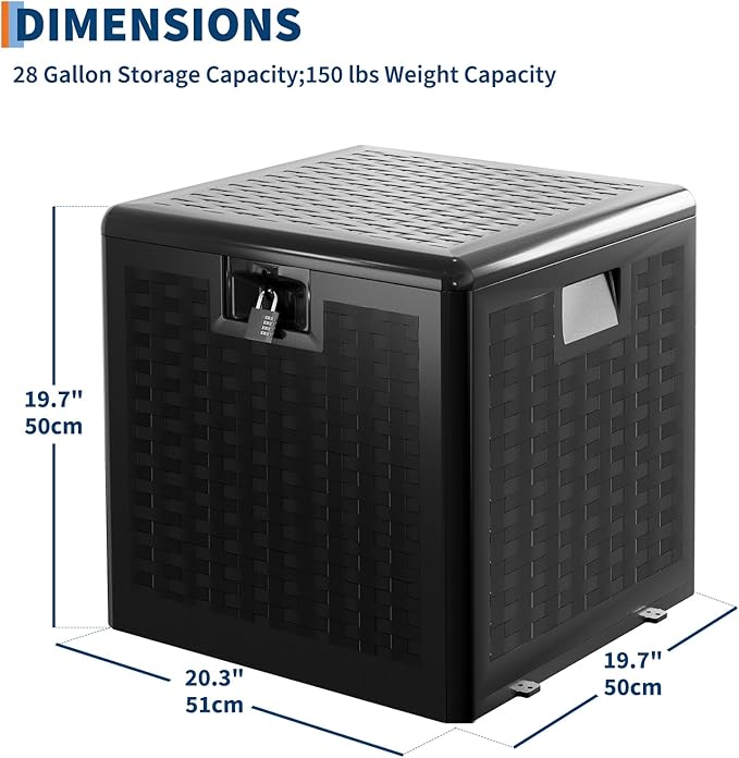 Garvee 28 gal Outdoor Storage Box with Lid, Weather-Resistant Plastic Deck Box, Lockable Outdoor Storage Bin for Patio Furniture, Gardening Tools and Accessories, Black