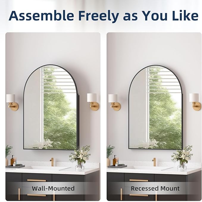 Medicine Cabinets for Bathroom, Black Arched Medicine Cabinet Recessed or Surface Wall-Mounted,Modern Bathroom Vanity Mirror with Storage, Mirrored Cabinet with Adjustable Shelves,24x36 Inch