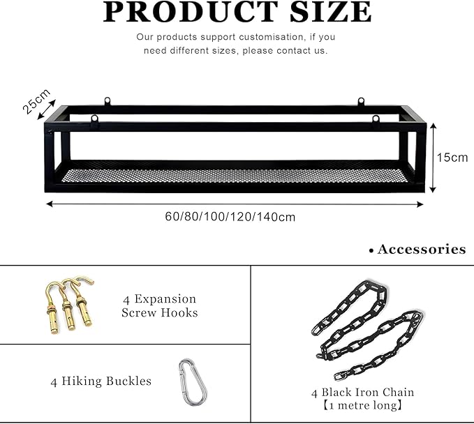 Metal Iron Hanging Plant Shelf with Chain for Kitchen Bar Decor Ceiling Mounted Storage Rack for Flowers and Wine (80x25x15cm)