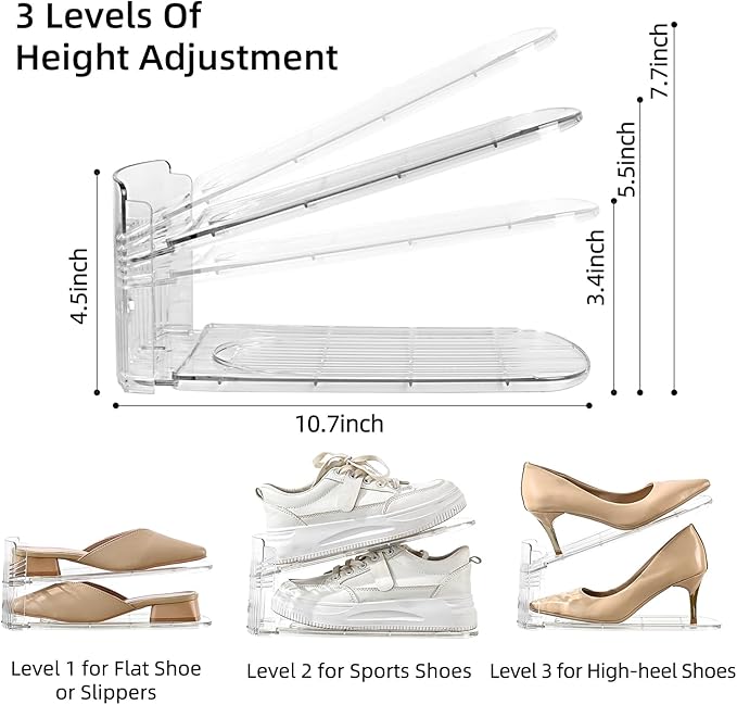 2 Pack Shoe Slots Organizer Adjustable Level Shoe Stacker Holder Storage Space Saving Sneakers Display Tray Rack for Closet (Transparent, 2Pack)