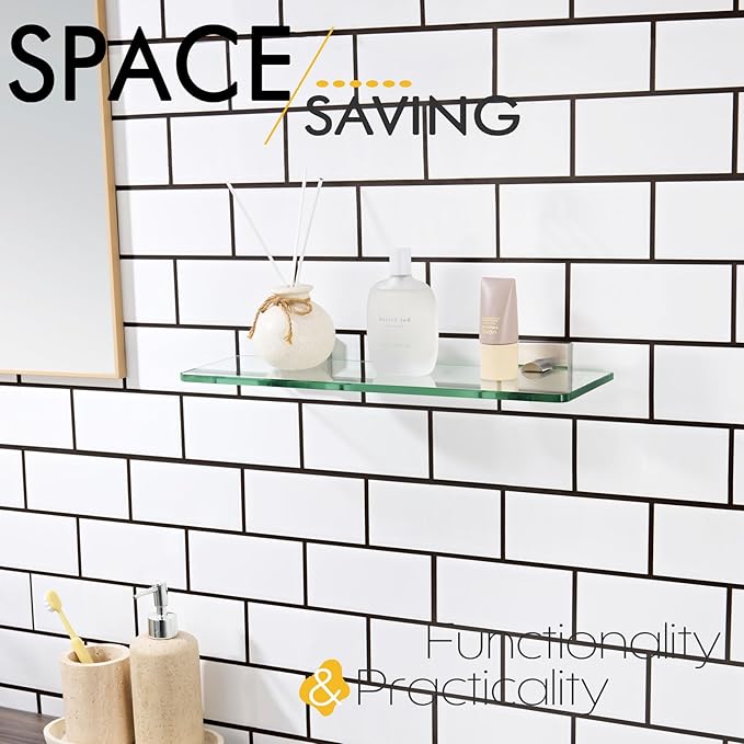 KOKOSIRI Glass Shelf for Bathrooms Wall Mount Floating Shelves 16-Inch for Shower Storage Kitchen Hanging Rack, Brushed Stainless Steel B1107BR-L16