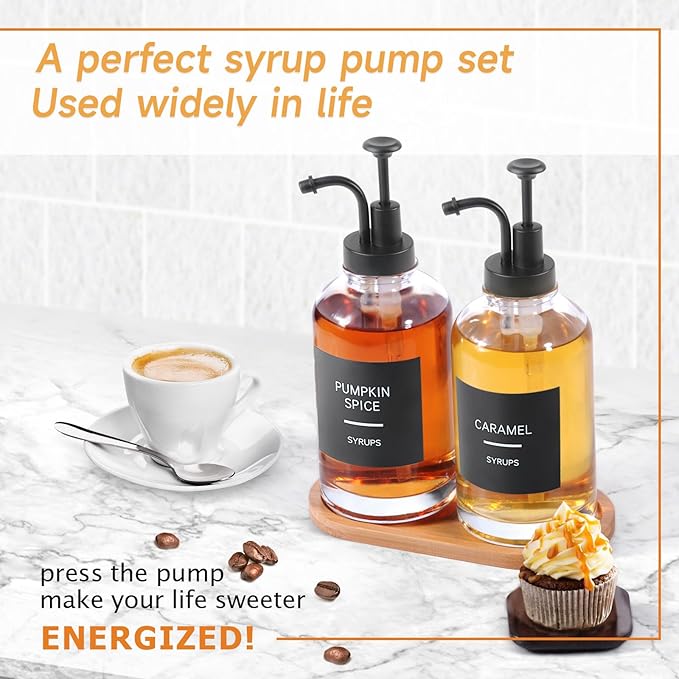 Coffee Syrup Dispenser for Coffee Bar, Set of 2 Simple Glass Syrup Bottle w. Pump and Labels, 16.9 oz 500ml Syrup Pump Dispenser, Syrup Dispenser Black