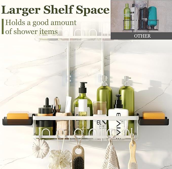 Shower Caddy Hanging: Adjustable Height Organizer for Over Showerhead - Rustproof Shower Shelves with Hooks & 2 Soap Holders, White