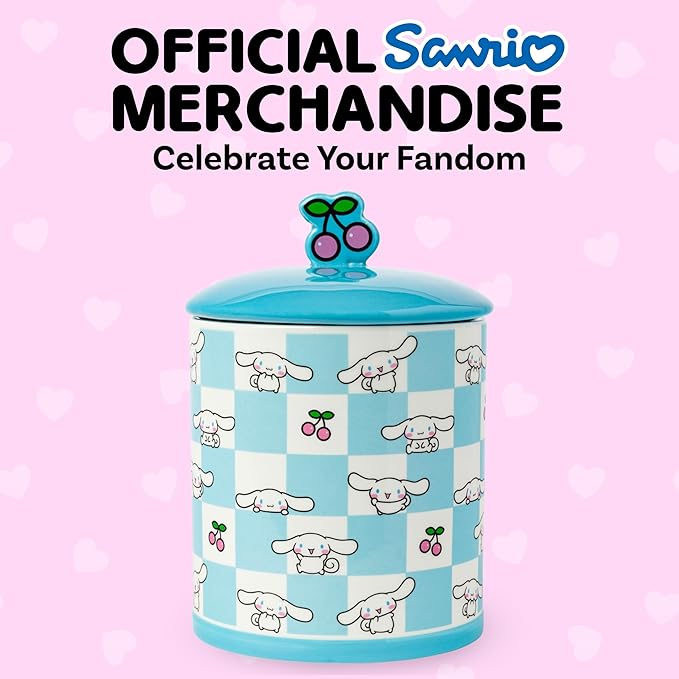 Silver Buffalo Sanrio Hello Kitty and Friends Cinnamoroll Cherries Blue Checkered Ceramic Cookie Snack Jar (Large)