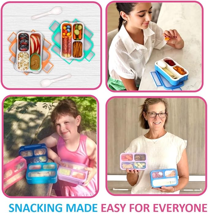 Small Snack Containers for Kids Toddlers - 3 Compartments (Set of 2) - Leak-proof Reusable Snack Boxes with Lids - BPA-Free Mini Bento Lunch Box - Ideal for School, Holds 2 Cups (Pink + Purple)