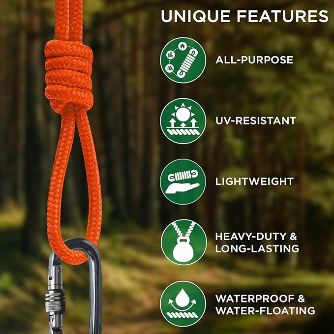 TECEUM Rope – 150 Feet x 1/4 Inch (7mm) – Orange – Strong All-Purpose Utility Rope – Camping, Crafting, Flag Pole, Indoor & Outdoor – Polypropylene Nylon Poly Lightweight Diamond Braided Cord