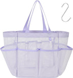 F-color Mesh Shower Caddy Portable, Upgrade Deeper 7 Pockets Shower Bag Basket Tote for College Dorm Room Toiletry Bathroom Essentials Gym Camp Quick Dry 2 handles with S Hook, Purple