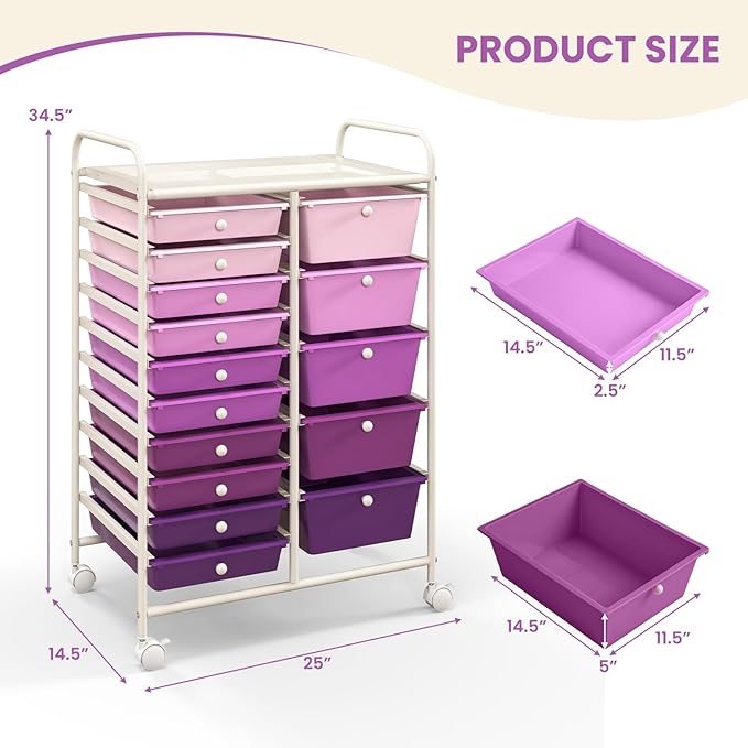 RELAX4LIFE 15 Drawer Rolling Storage Cart - Mobile Craft Art Supply Storage Organizer for Tool Scrapbook Paper Salon, Office School Classroom Teacher Rolling Cart with Drawers, Utility Cart on Wheels