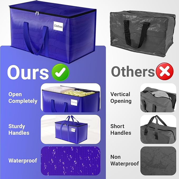 10Pack Moving Storage Bags, Moving Supplies Packing Boxes for Moving, Camping, College Dorm Room Essentials for Girls, Blue Tote Bags, 125L Heavy-Duty Storage Bins With Lids And Zippers